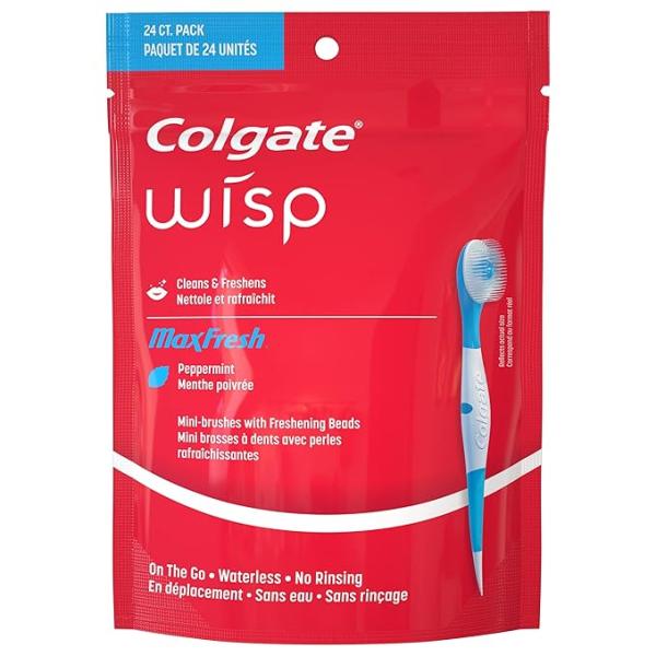 Colgate Adult Max Fresh Wisp Disposable Travel Manual Toothbrush, Peppermint - 24 Count, Red