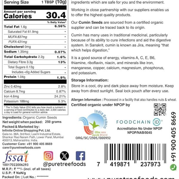 Pure Tree Certified Organic Jeera Seeds | 250 g | Cumin Seeds | Sabut Jeera Whole Spices