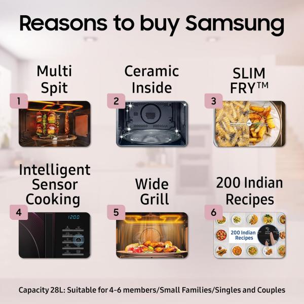 Samsung 28 L Slim Fry, Sensor Cook and Multi Spit Convection Microwave Oven (MC28A5145VR/TL, Black and Pattern, 10 Yr warranty, Gift for Every Occasion)
