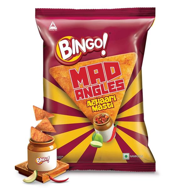 Bingo! Mad Angles Achaari Masti – Desi Mango Pickle Flavour Crunchy Triangle Chips | Tasty Snack for Any Time Cravings, 64g