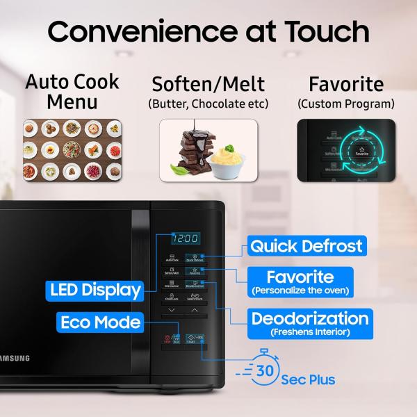 Samsung 23 L Solo Microwave Oven (MS23A3513AK/TL, Black Auto Cook Programs Child Safety Lock Memory Feature Deodorization Ceramic Enamel Cavity with 10 year warranty)