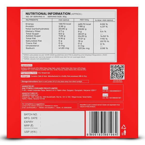 BeastLife Choco Almond Energy/Protein Bar | Multigrain Millet & Oats Energy Bar