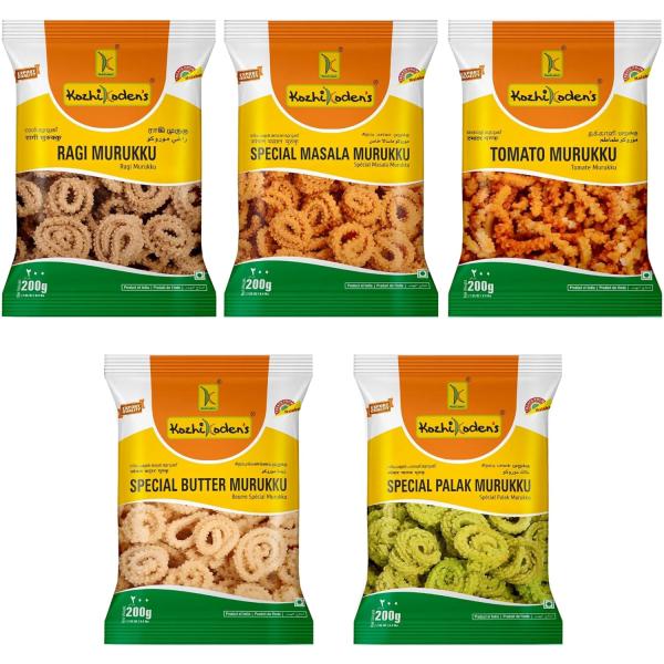 KOZHIKODEN'S Assorted Murukku Combo Pack | 5 Flavors | Masala, Tomato, Palak, Ragi & Butter Murukku