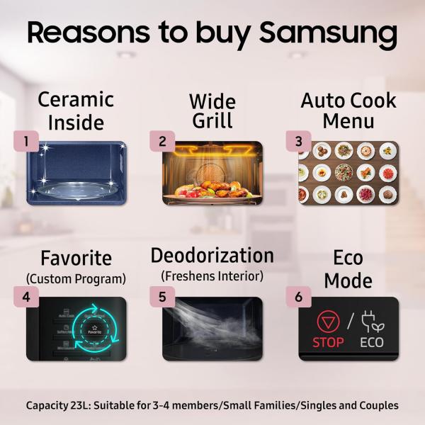 Samsung 23 L Solo Microwave Oven (MS23A3513AK/TL, Black Auto Cook Programs Child Safety Lock Memory Feature Deodorization Ceramic Enamel Cavity with 10 year warranty)
