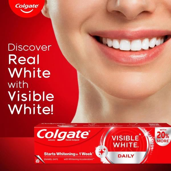 Colgate Visible White Toothpaste, Teeth Whitening Starts in 1 week, Safe on Enamel, Stain Removal Tooth Paste and Minty Flavour for Fresh Breath (100g + 20g)