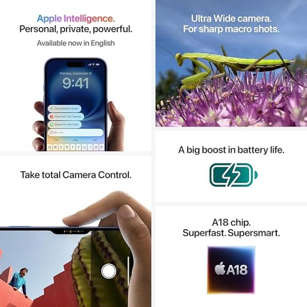 iPhone 16 256 GB: 5G Mobile Phone with Camera Control, A18 Chip and a Big Boost in Battery Life. Works with AirPods; Pink