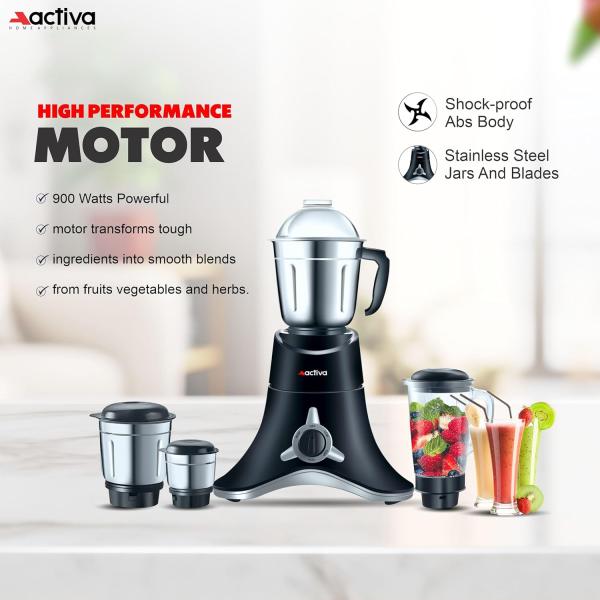 ACTIVA ABS Super Chef 900 Watts Powerful Motor Mixer Grinder for Chutney, Juice and Shakes With 4 Jars, Fast Grinding for Wet & Dry Ingridients, Stainless Blade, 2 Years Warranty - Black