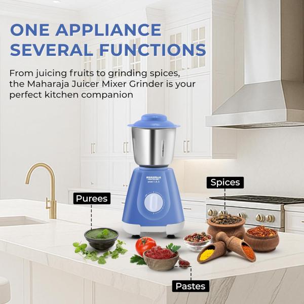 Maharaja Whiteline Smart Mixer Grinder | 500-watt | 20000 RPM Motor Speed | Air Ventilation System | Stainless-Steel Jars & Blades | Unique Jar Flow Breakers | 2 Year Motor Warranty |Blue