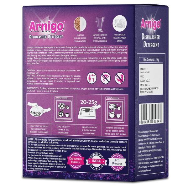 Arnigo Dishwasher Detergent Powder Suitable for All Brands Dishwashers, Enzyme Rich Formula, No Need To Pre-wash, Enzymatic Formulation, Crystal Clean Shine, Mineral-based Technologies- 1kg