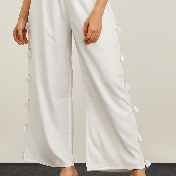 Women's Solid Woven Viscose Mid Rise Basic Relaxed Fit Palazzos