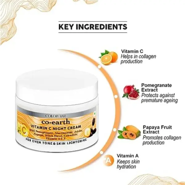 Colorbar Co-earth Vitamin C Night Cream 50g I Lightweight I Non-sticky night cream I Promote even-toned skin I Boost skin healing