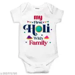 My 1st Holi With Family Graphic Printed Cotton White Romper for Baby Boys & Girls