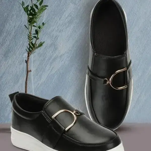 women metal buckle synthetic moccasin loafer in black