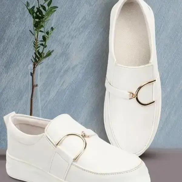 women metal buckle synthetic moccasin loafer white