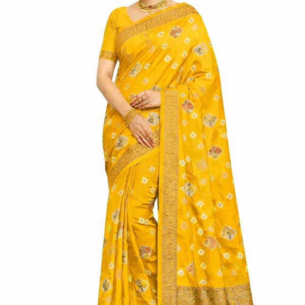 Women's Self Design Bandhani Cotton Blend Saree  (Mustard Yellow)