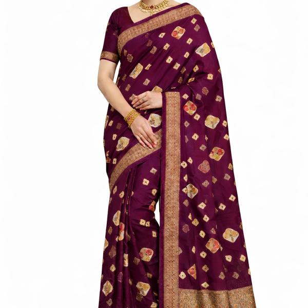 Women's Self Design Bandhani Cotton Blend Saree  (Wine)
