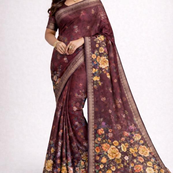 Women's Silk Blend Saree  (Brown)