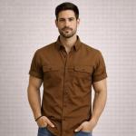 Double Pocke Regular Fit Spread Collar Solid Cotton Casual Shirt for Men