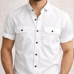 Double Pocke Regular Fit Spread Collar Solid Cotton Casual Shirt for Men