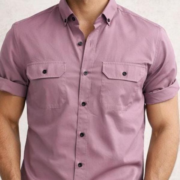 Double Pocke Regular Fit Spread Collar Solid Cotton Casual Shirt for Men