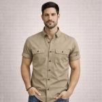 Double Pocke Regular Fit Spread Collar Solid Cotton Casual Shirt for Men