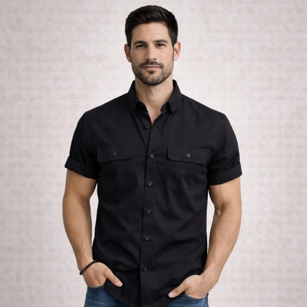 Double Pocke Regular Fit Spread Collar Solid Cotton Casual Shirt for Men
