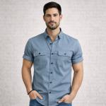 Double Pocke Regular Fit Spread Collar Solid Cotton Casual Shirt for Men