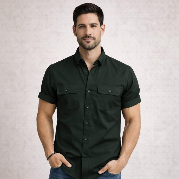 Double Pocke Regular Fit Spread Collar Solid Cotton Casual Shirt for Men