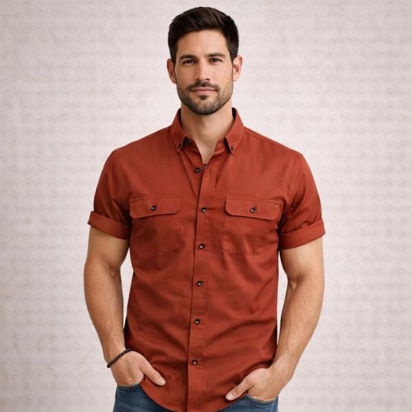 Double Pocke Regular Fit Spread Collar Solid Cotton Casual Shirt for Men