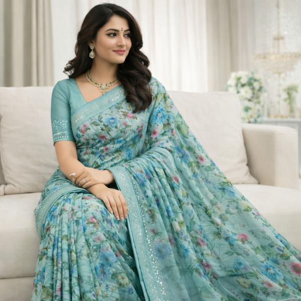 Georgette Block Printed Sarees for Women with Blouse Piece