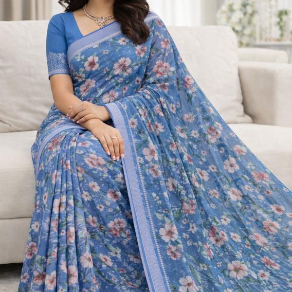 Georgette Printed Sarees for Women with Blouse Piece