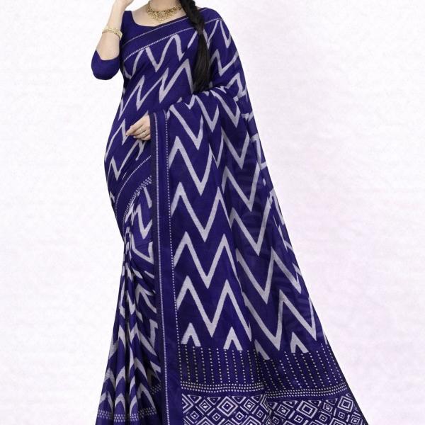 Women's Blue Color Zigzag Pattern Linen Saree With Matching Blouse (BLUE)