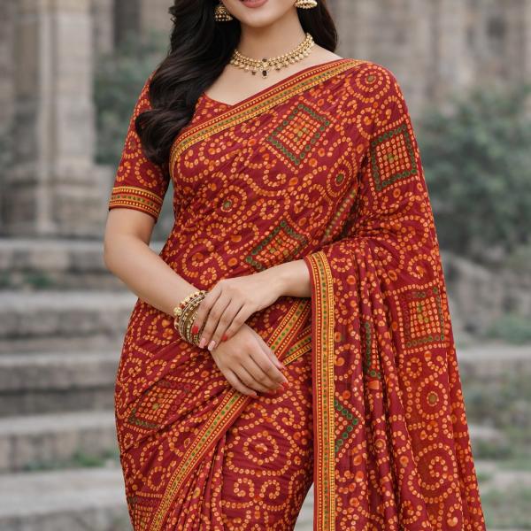 Georgette Printed Sarees for Women with Blouse Piece(RED)