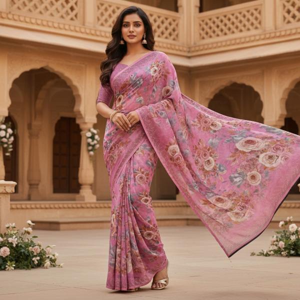 Georgette Printed Sarees for Women with Blouse Piece