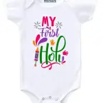 Holi Printed Cotton White Half Sleeve Baby Rompers