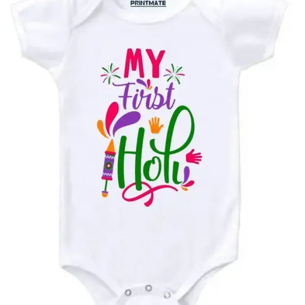 Holi Printed Cotton White Half Sleeve Baby Rompers